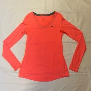 Nike Pro Dri-Fit Long Sleeve Moisture Wicking Performance V-Neck Shirt - Pink